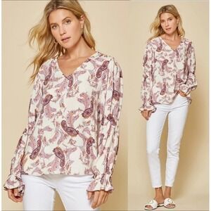 Andree Cream Paisley Print V Neck Long Sleeve Blouse Top Plus Size 3X NWT